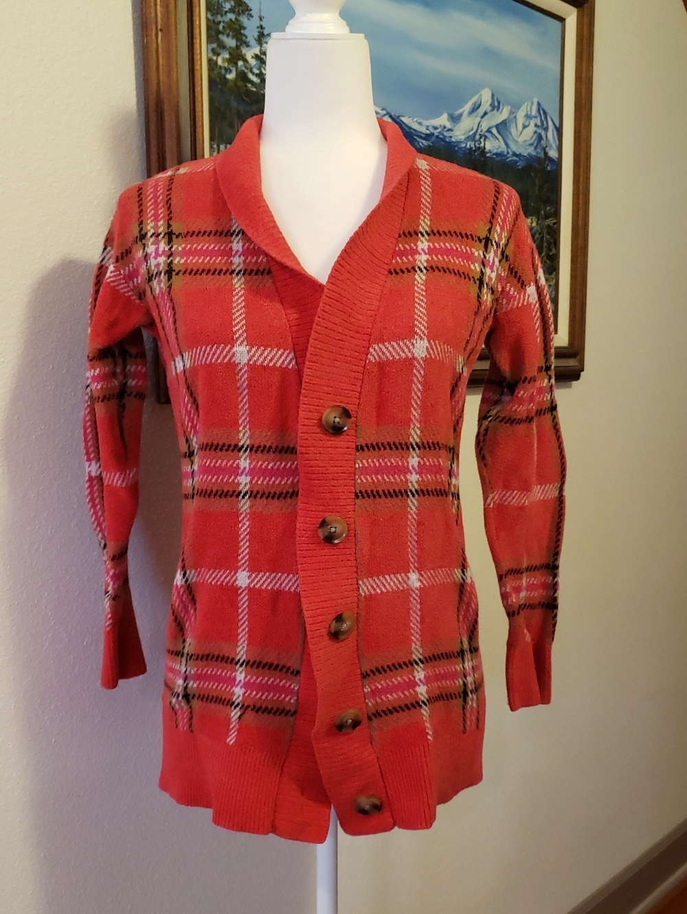 Red Plaid Cardigan. About a size Small